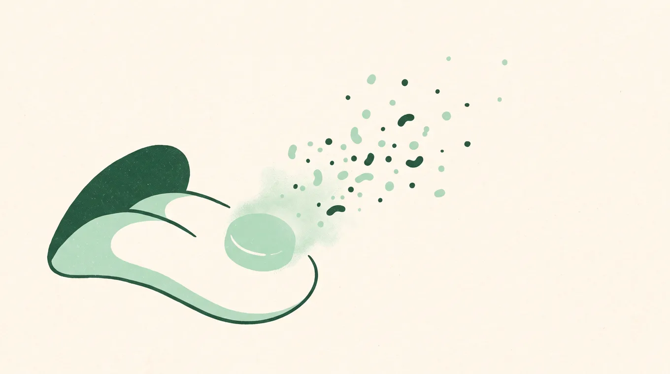 Illustration of a mint lozenge dissolving on a tongue with tiny bacteria cells drifting outward from it