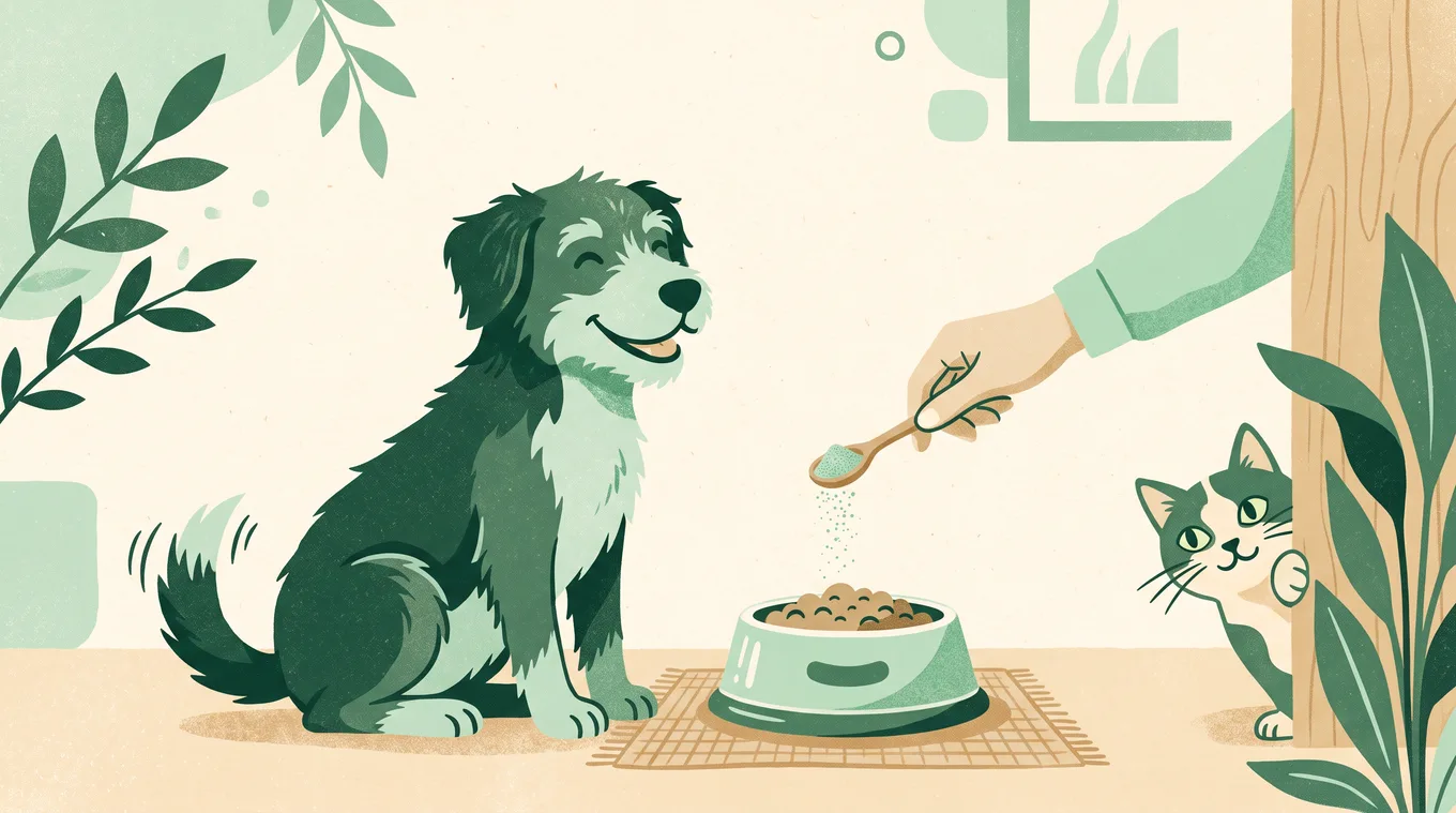Illustration of a happy dog watching probiotic powder being sprinkled onto its food bowl while a cat looks on