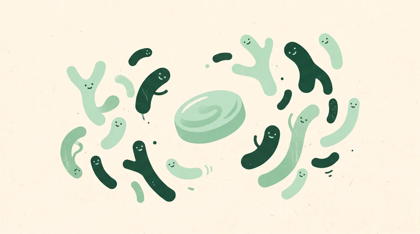 Illustration of friendly probiotic bacteria drifting around a mint lozenge