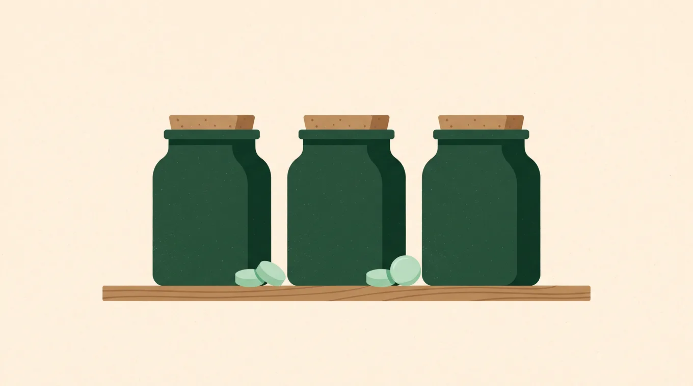 Illustration of three unlabeled supplement jars with loose mint lozenges on a wooden shelf