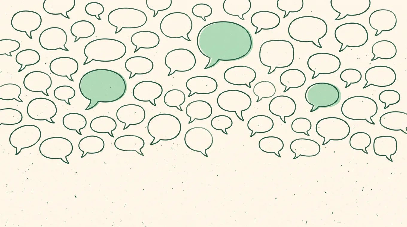 Illustration of dozens of small empty speech bubbles scattered like a crowd, three of them filled in green