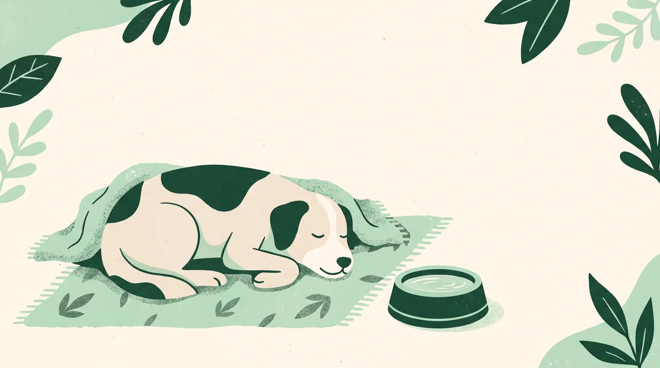 Illustration of a dog resting comfortably on a rug next to a full water bowl